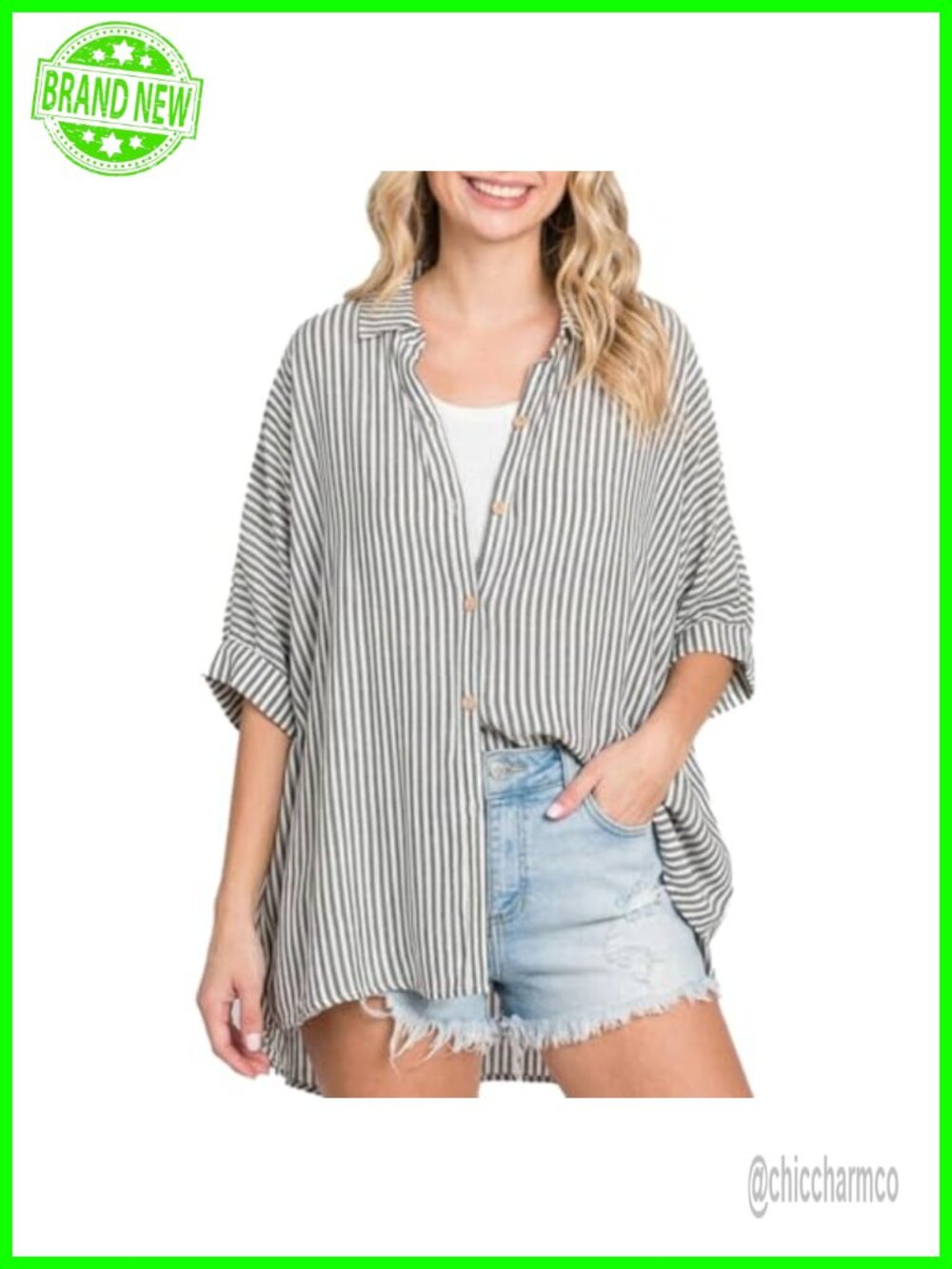 Womens Striped Oversized Button Down Shirt 3/4 Batwing Sleeve V-Neck Tunic